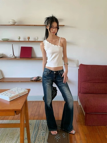 260g Cotton Modal Blouse - Asymmetrical Off-the-Shoulder Bodice with Irregular Straps - Women's Sleeveless Top - Black and White