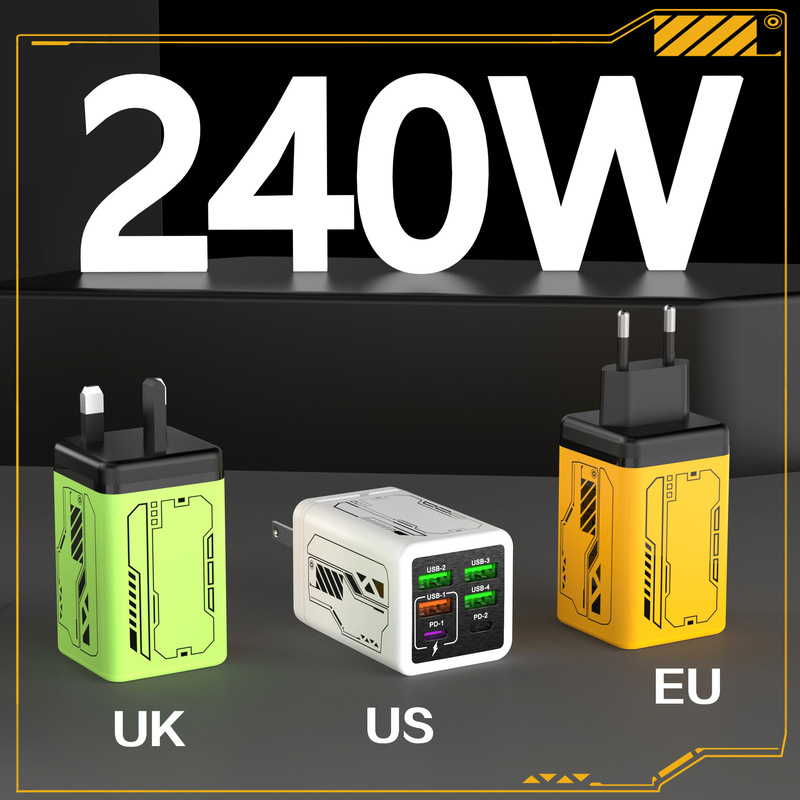 240W Full Protocol Multi-Port 4U+2Pd Charger Smart Small Appliance Travel Charging Head Trendy Mecha Style Charging Head
