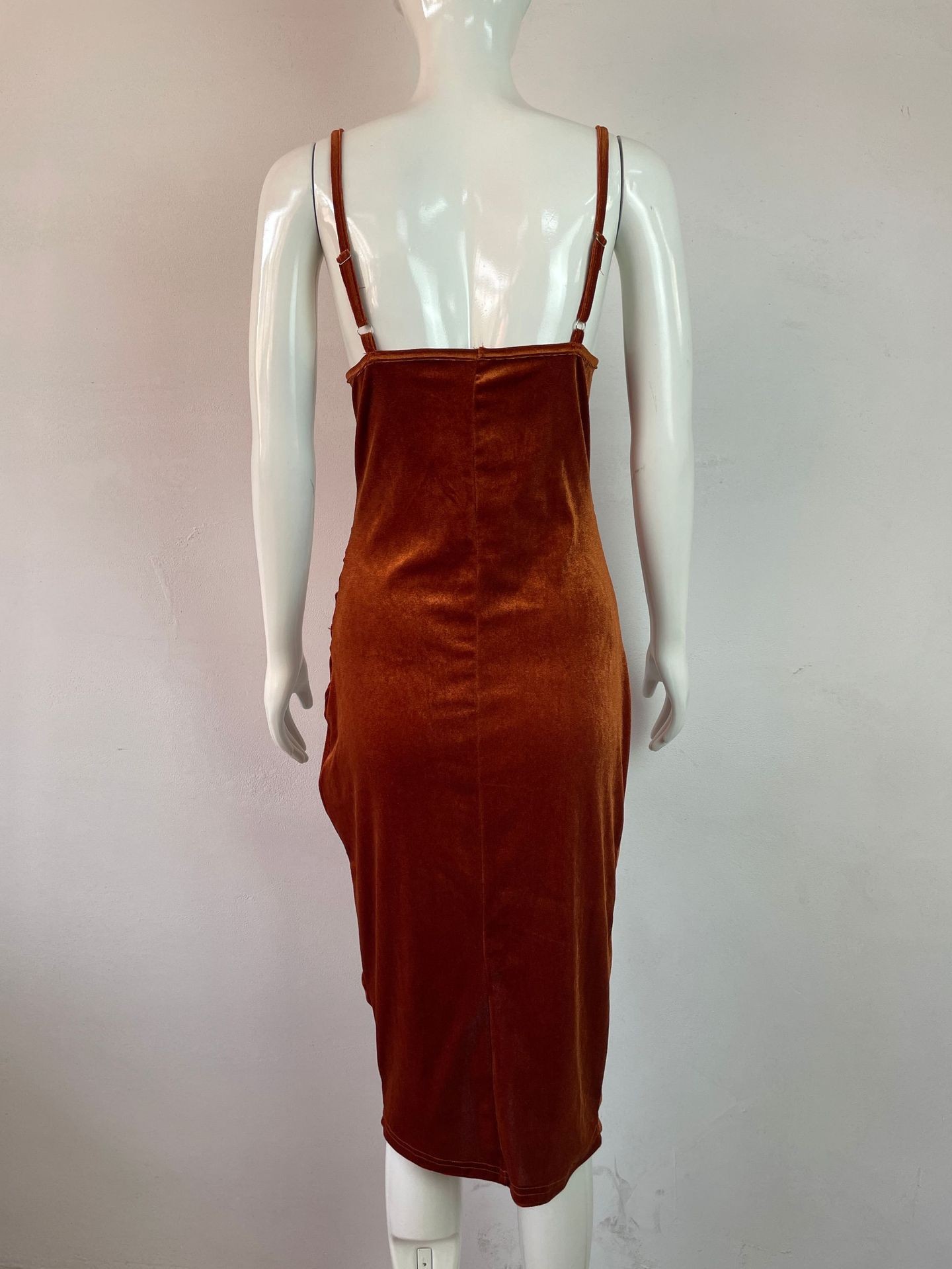 Women's Luxury Velvet Spaghetti Strap Maxi Dress Ruched Detail High Slit Sexy Evening Formal Dresses_ecoleips.com