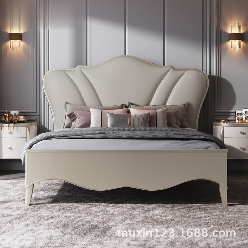 美式床现代轻奢实木床1.8米主卧简约高级灰双人PU皮软包婚床家具