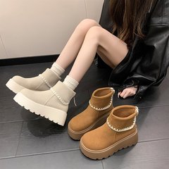秋冬厚底复古短筒靴2025小个子显瘦花边保暖马丁靴后拉链棉靴女