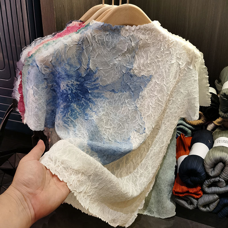 하이 엔드 디자인 프린트 하프 터틀넥 솔리드 컬러 반팔 티셔츠 봄 여름 새로운 기질 플리츠 스위트 탑