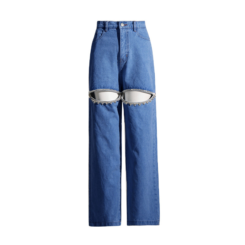 Vaqueros de nicho europeos y americanos, nueva colección primavera 2026, estilo largo de cintura alta con diseño hueco de pedrería, pantalones anchos de color liso para mujer.