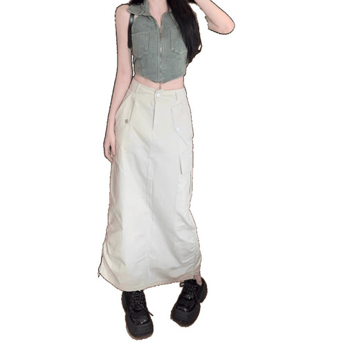American retro workwork skirt for women's summer new high-waist slimming skirt drawstring split mid-long skirt