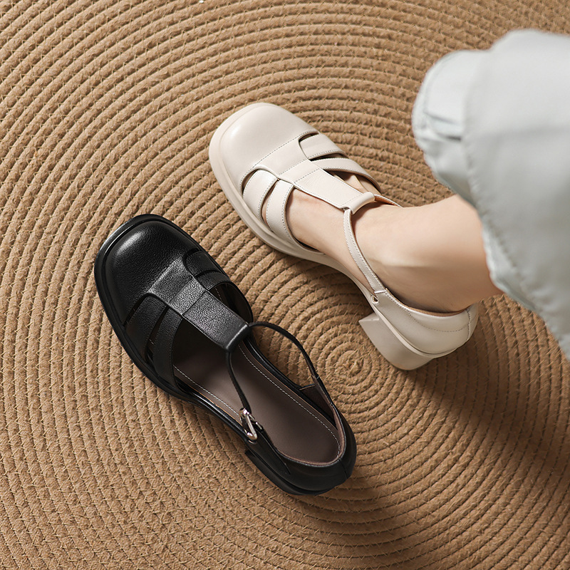 Sandal nữ cao gót phong cách La Mã, mũi kín gót kín, đế dày da bò, gót 7 cm — đen chi tiết 1