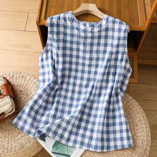 Real Shot of Summer Fresh Blue and White Plaid Striped Pleated Sleeveless Women's Versatile Plaid Shirt
