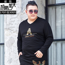 男士字母简约印花加肥加大码特大号宽松显瘦百搭长袖V领T恤衫
