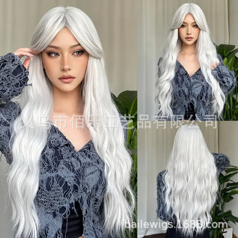 Peluca blanca con flequillo, ondas grandes, cabello largo y rizado, para venta transfronteriza, lista para usar, al por mayor.