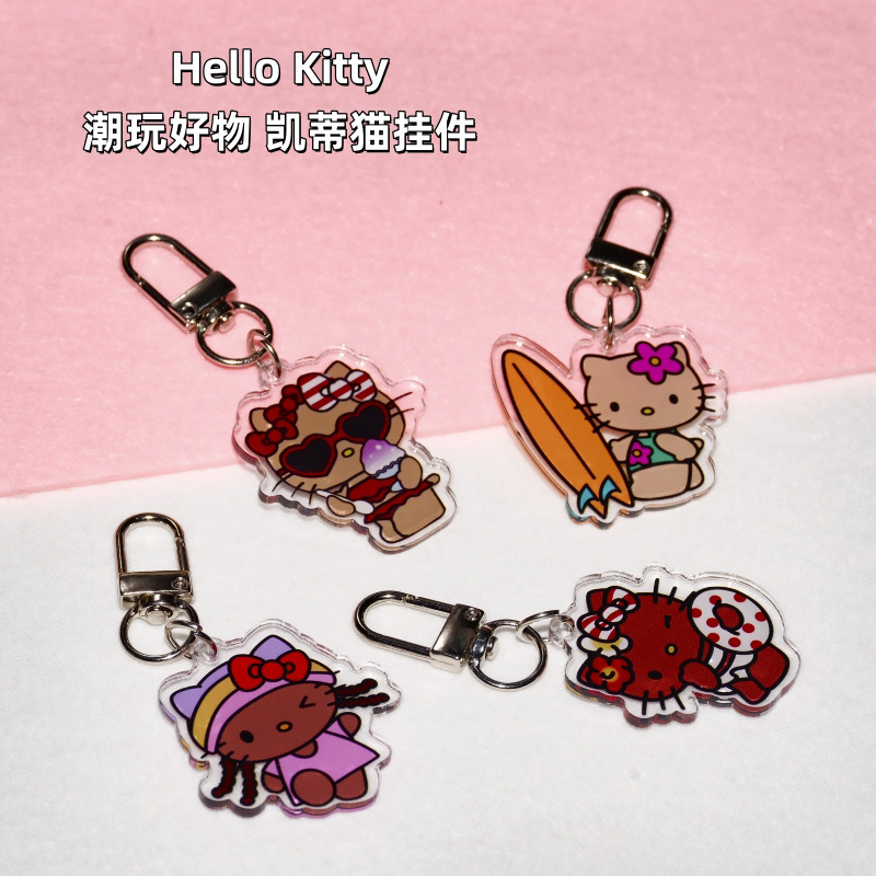 Black Leather Hello Kitty Cat Couple Keychain Bestie Acrylic Bag Pendant Backpack Cartoon Pendant