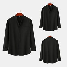 2022亚马逊wish速卖通欧美男士宽松亚麻开衫纯色休闲立领长袖衬衫