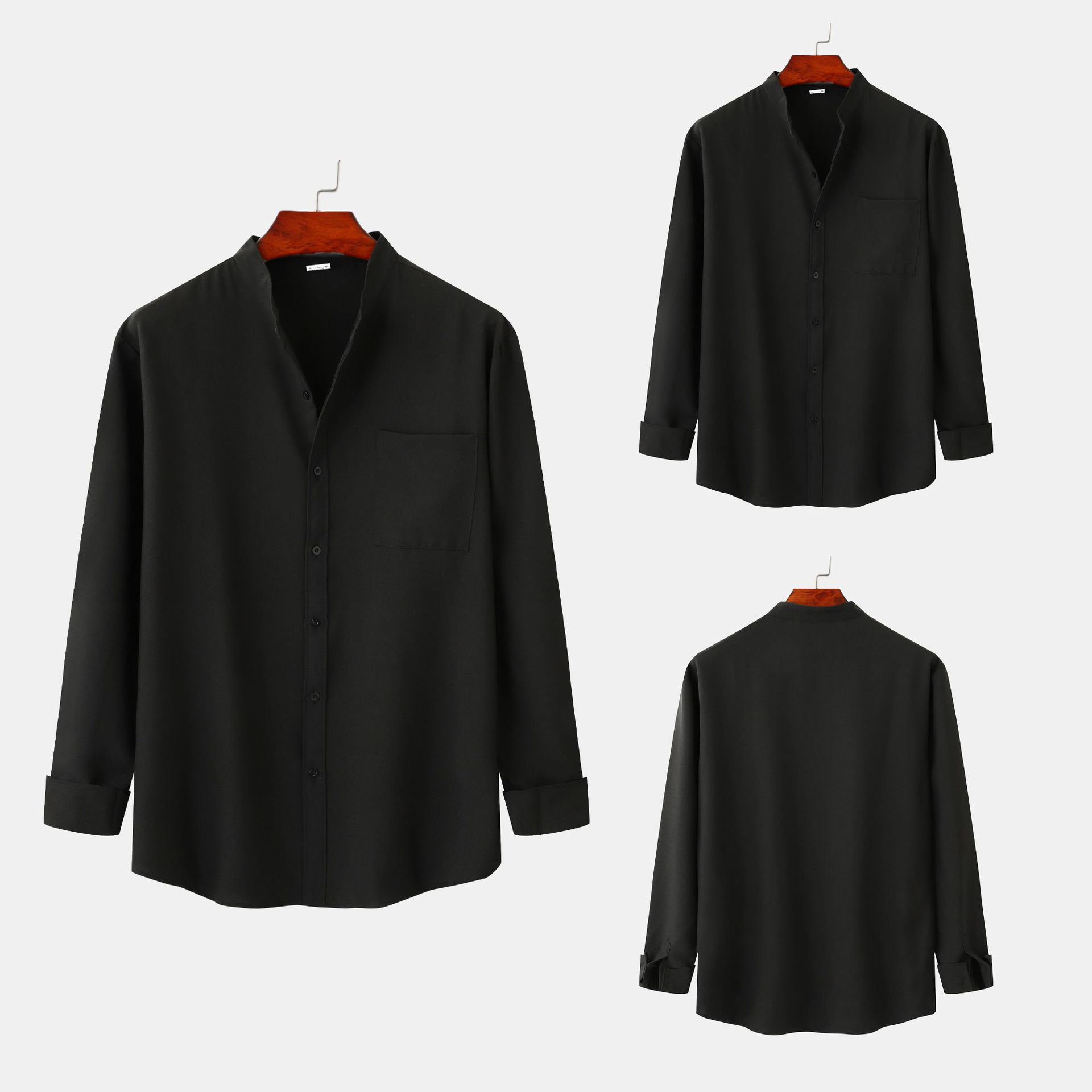 2022亚马逊wish速卖通欧美男士宽松亚麻开衫纯色休闲立领长袖衬衫