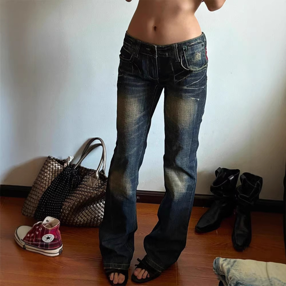 ​​Vintage Low-Rise Distressed Jeans For Women - Y2k Style With Heavy Embroidery, Baggy & Long Straight Leg Denim Pants​​_ecoleips.com