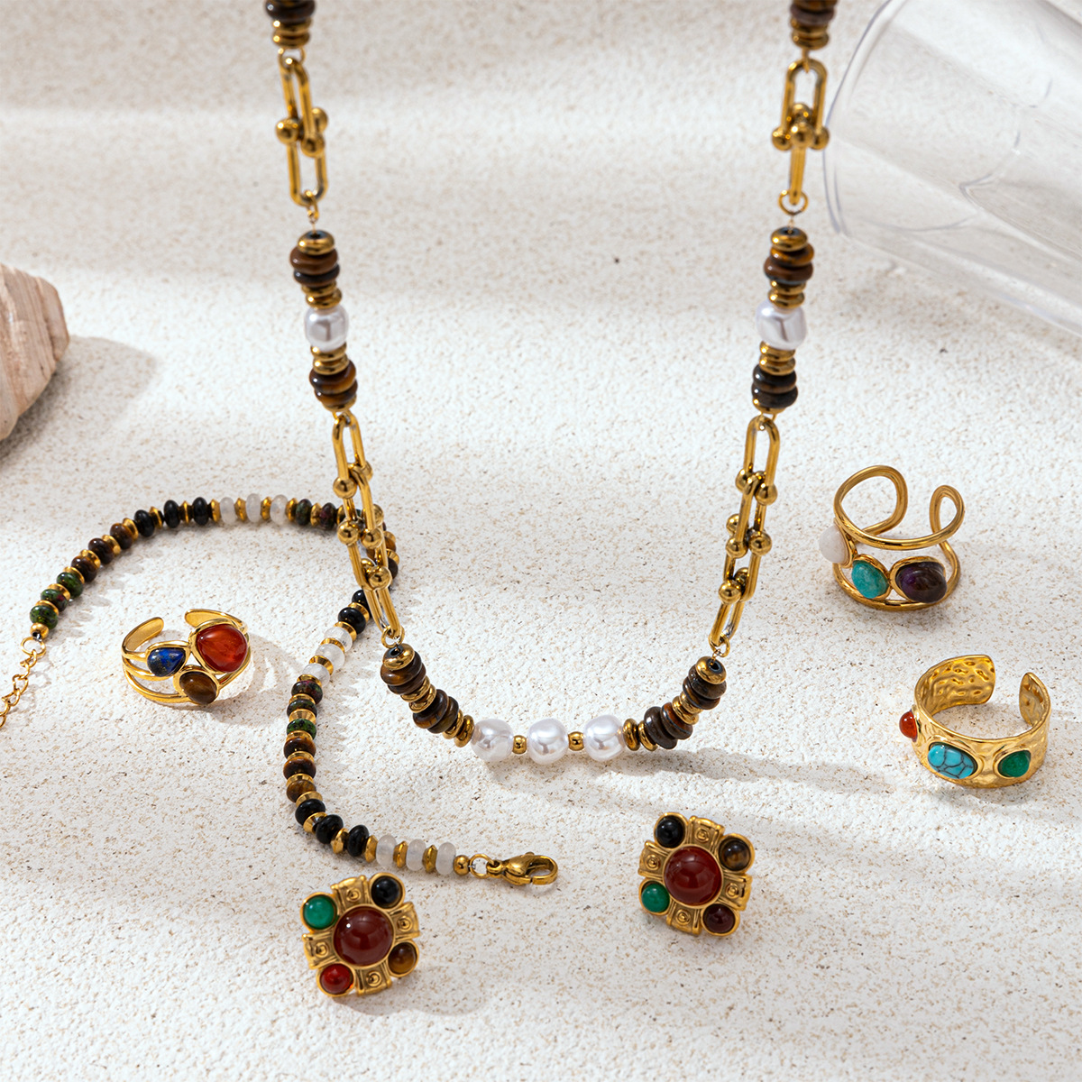 Collar de acero inoxidable de la UE y los Estados Unidos, lujo ligero, nicho universal, collar de piedra de ojo de tigre, conjunto de acero de titanio no se desvanece para mujeres