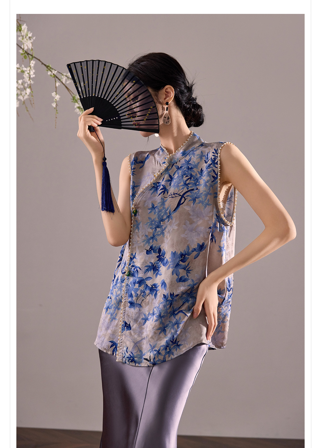 Áo vest gile nữ cổ đứng không tay phong cách cổ điển Trung Hoa, đính chuỗi hạt, mùa hè M8035 — màu xanh chi tiết 10
