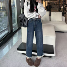 十三行大码女装牛仔裤女秋冬季弹力高腰厚款磨毛小个子九分老爹裤