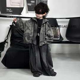 男童套装外套儿童秋季韩版2025新款毛边牛仔裤潮牌个性豹纹套装