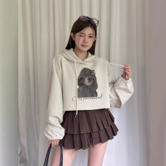 ME KAKAMEE十三行秋季潮酷美式豹纹小狗短款宽松连帽卫衣女 S3661