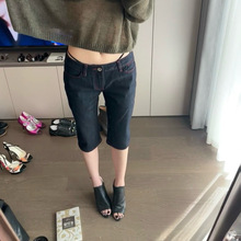 新款修身显瘦百搭撞色红色缝线七分原牛牛仔裤女3084