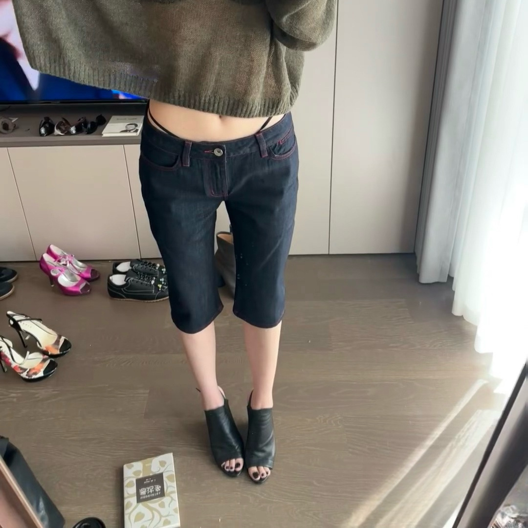 新款修身显瘦百搭撞色红色缝线七分原牛牛仔裤女3084