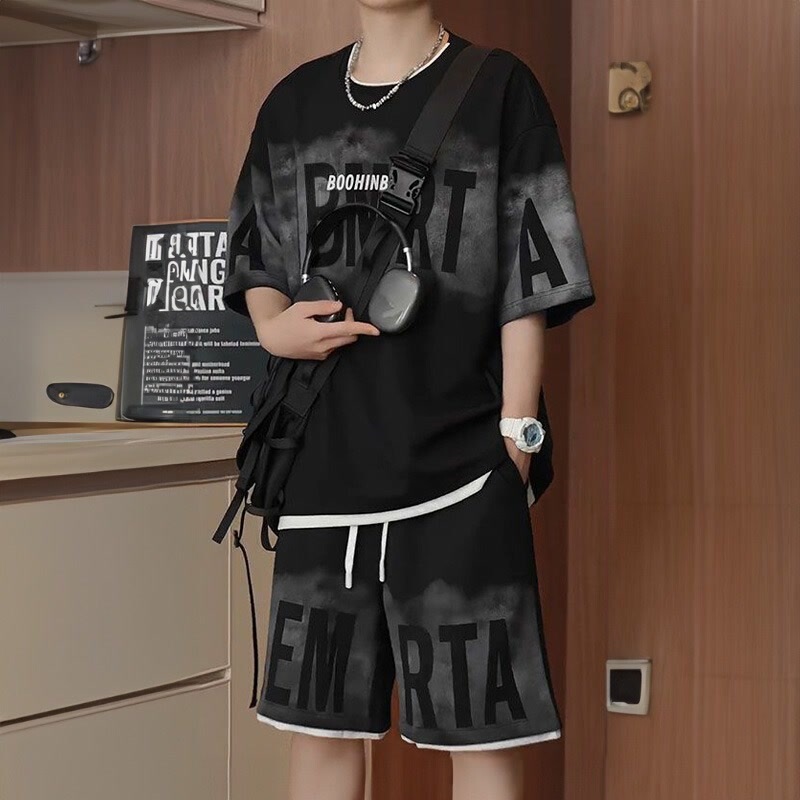 plus size 300 Jin 2025 New Short-sleeved Shorts Two-piece Men's Summer Fashion Joker Leisure Sports suit