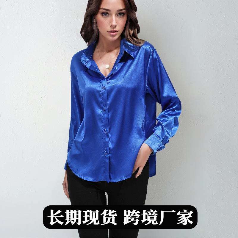 Satin Shirt Women's Satin Imitation Silk Long-Sleeved Amazon's Popular Solid Color Top Elegant Button-Down Lapel Shirt Satin Shirt Women's Satin Imitation Silk Long-Sleeved Amazon's Popular Solid Color Top Elegant Button-Down Lapel Shirt