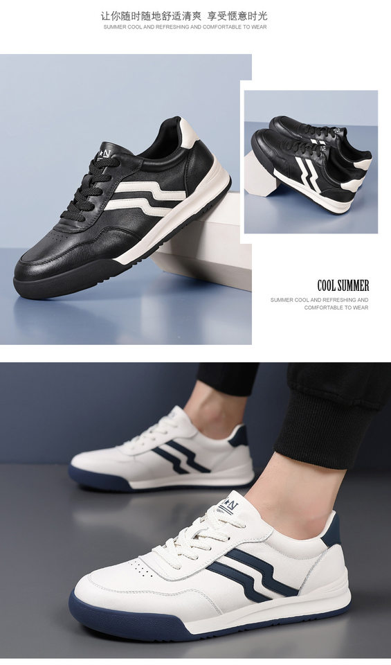 Giày sneaker nam da bò thật phối màu tương phản, cổ thấp, đế bệt — Màu trắng, Màu đen chi tiết 16