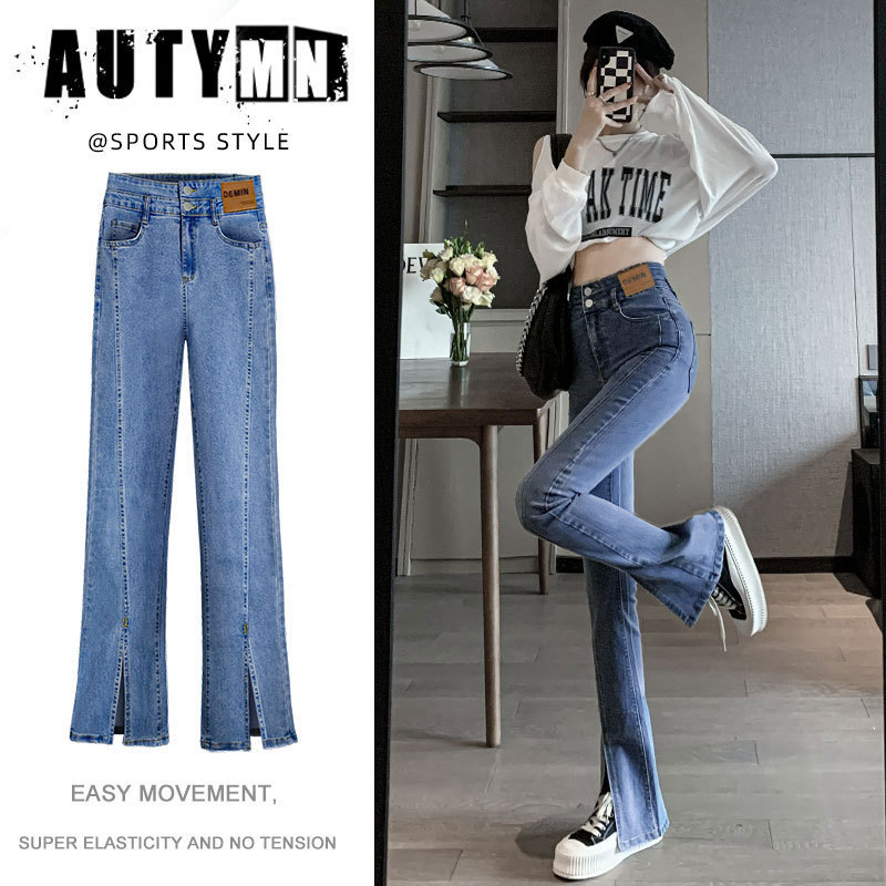 Slit Jeans for Women 2026 New Spring and Autumn Straight High-Waisted Slimming Wide-Leg Flared Black Pants