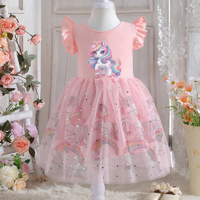 Girls Dress Summer New Short-Sleeved Kidsren's Skirt Kidsren's Clothing Unicorn Tutu Skirt Girl Princess Skirt Super Fairy