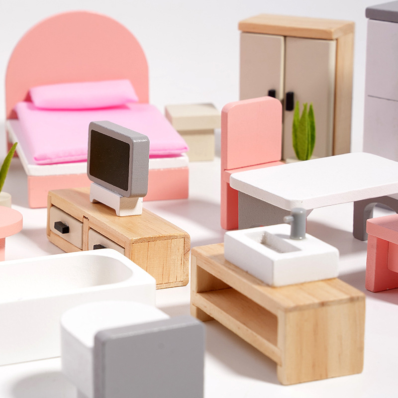 Mini casa de madera para niños muebles pequeños simulación dormitorio sala de estar modelo casa de muñecas