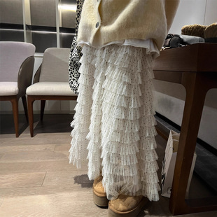 法式時尚甜辣風波點印花高腰直筒千層紗紗裙女秋冬蛋糕半身紗裙