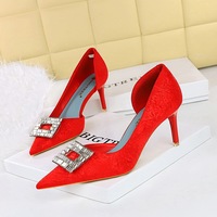 6168-AK50 Korean style fashionable banquet women's shoes with slim heels, high heels, fabric surface, shallow mouth, pointed metal rhinestone buckle, single shoe