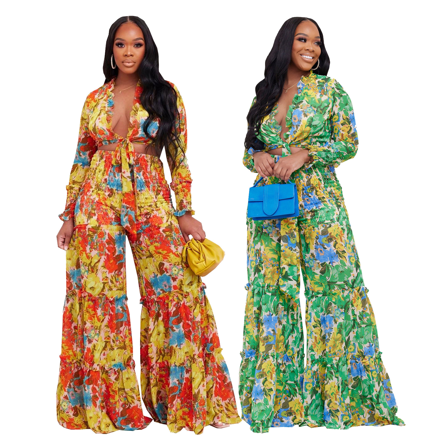 Women's Clothing fashion contrast color printed chiffon long sleeved lace up flared pants two piece suit _voghion.com