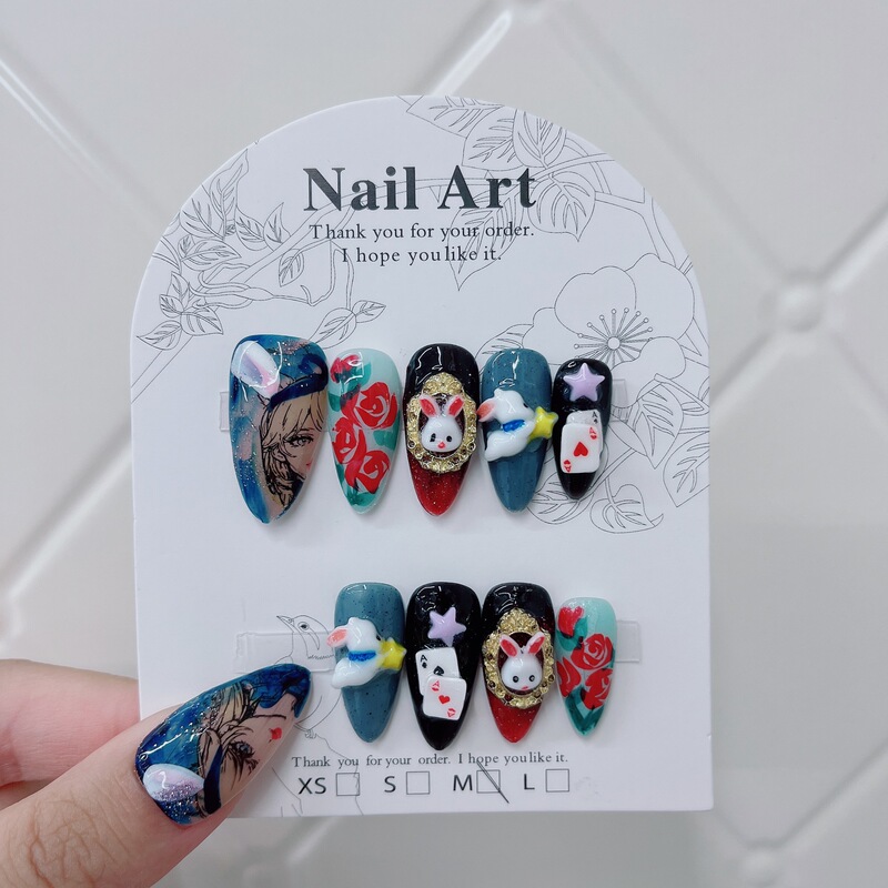 Jia Zhi Mu Wearable Nails Purely Handmade High-Quality Manicure Alice in Wonderland Theme Almond False Nails