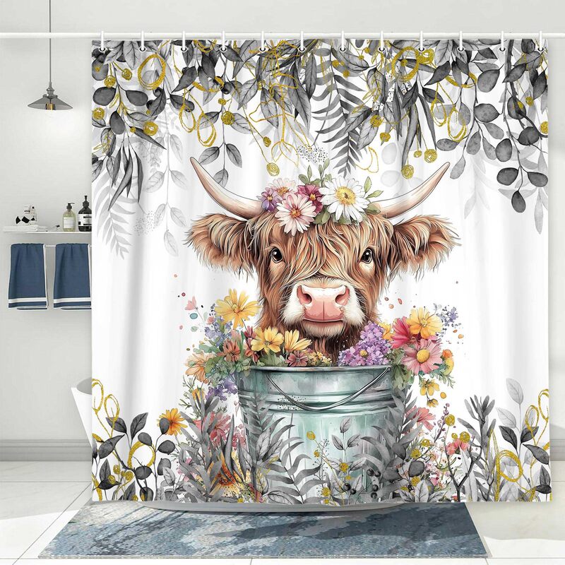 Gray Eucalyptus Highland Cow Shower Curtain Watercolor Plants Flowers Farmhouse Bath Curtain Botanical Bathroom Curtain Set with Hooks