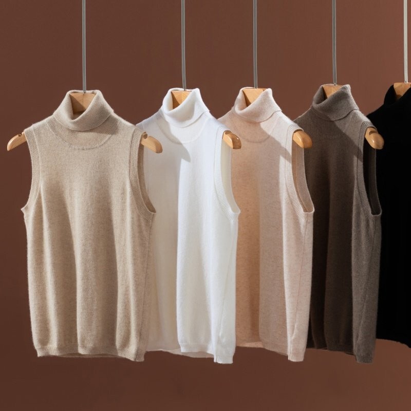 Autumn and Winter 100% Pure Cashmere Turtleneck Knitted Vest for Women, Simple and Versatile Korean Style Sleeveless Sweater, Base Layer for Close-Fitting Wear Autumn and Winter 100% Pure Cashmere Turtleneck Knitted Vest for Women, Simple and Versatile Korean Style Sleeveless Sweater, Base Layer for Close-Fitting Wear