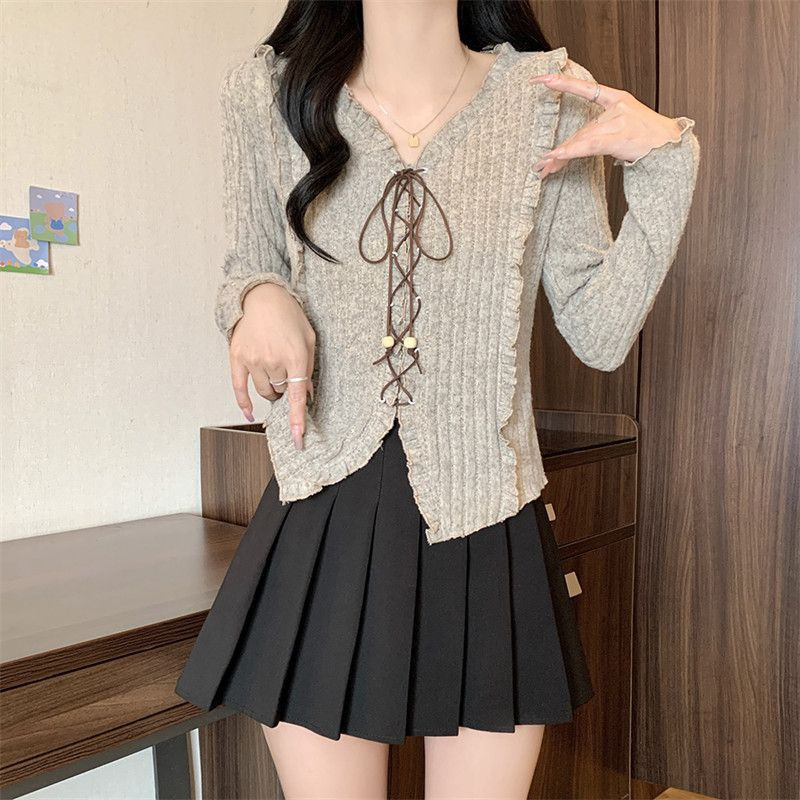 French-style V-neck long-sleeve T-shirt for women, 2026 autumn new model, plus size, stylish and slimming, with tie detail French-style V-neck long-sleeve T-shirt for women, 2026 autumn new model, plus size, stylish and slimming, with tie detail