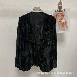 南油秋款高级重工丝绒亮丝拼接V领修身垫肩精致小短款西服外套女
