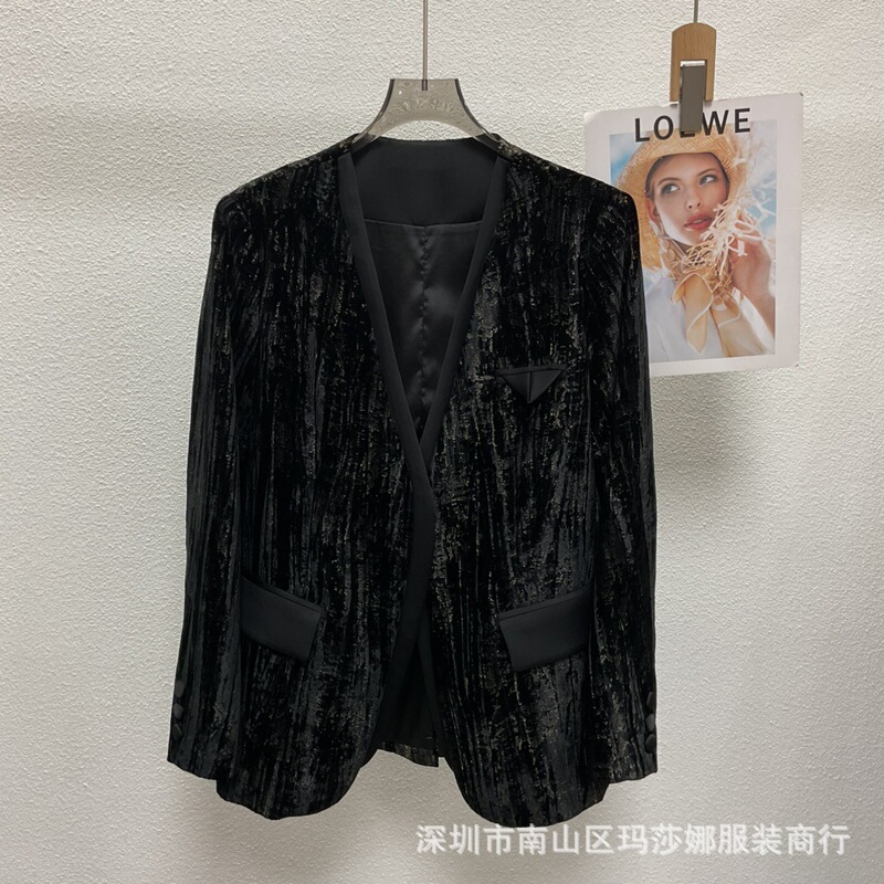 Nanyou Autumn High-End Heavy Velvet Bright Silk Splicing V Neck Slim Shoulder Pads Exquisite Short Suit Jacket for Women