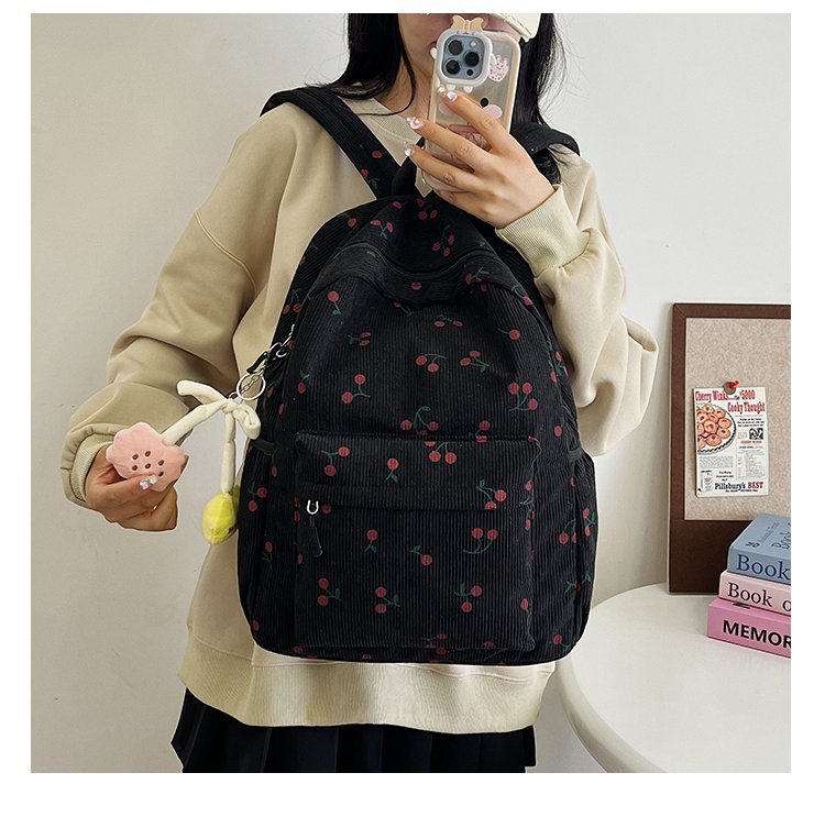 1197g Weight Polyester Lining Material Zipper Closure Type Double Shoulder Straps Strap Type Casual, School, Daily Occasion Corduroy Material Back To School Festival School Backpack Backpack Cherry Pattern All Seasons Season Women's Gender Cute Style Shell Shape Cherry Casual School Daily School Backpack 18