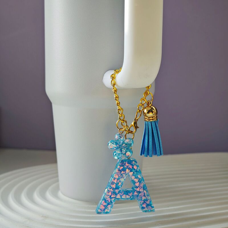 New Hot Selling Resin Blue English Letters Glue Drops Diamond Sequins Keychain 26 Letters Tassel Pendant