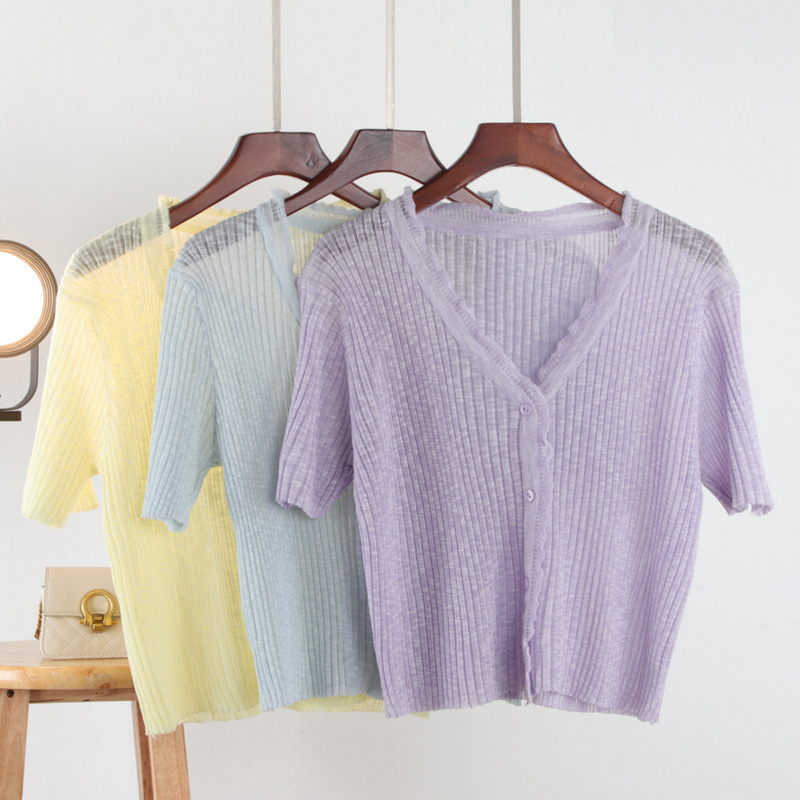 Lace V-neck short-sleeved ice silk knitted cardigan for women Summer new sweet gentle style short top fashion