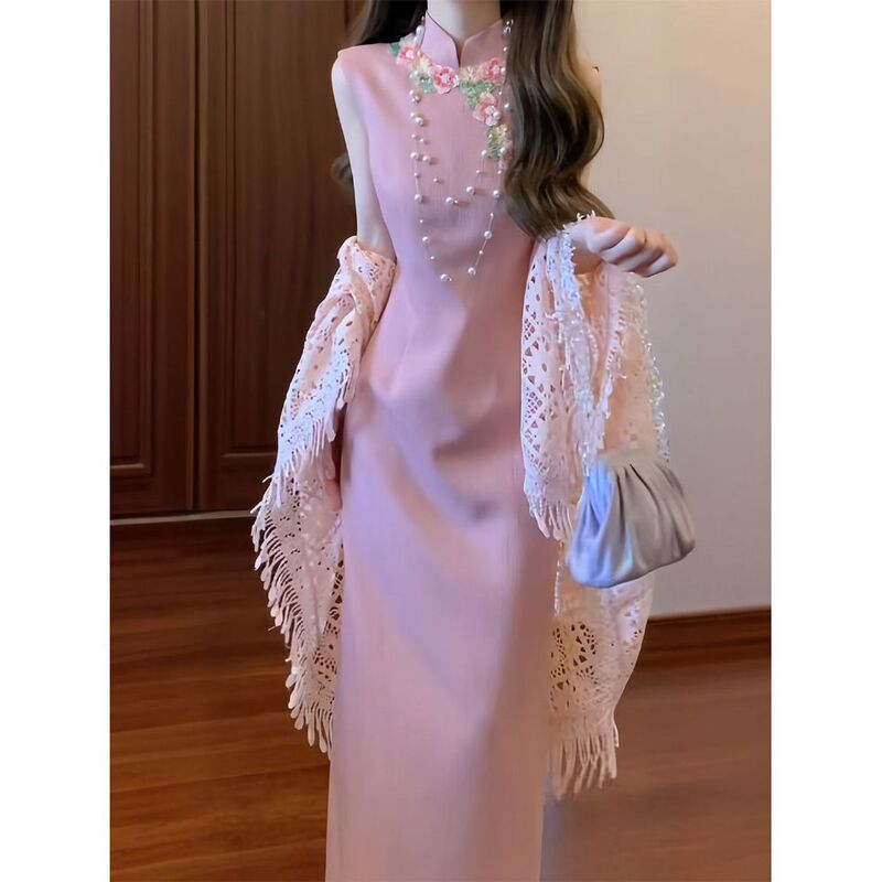 Improved Cheongsam Elegant and Stunning Dress 2026 Summer New Chinese Style Pink Embroidered Floral Sleeveless Dress