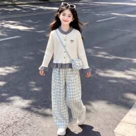 2026春秋中大女童撞色格纹拼接开衫时尚休闲格纹阔腿裤两件套