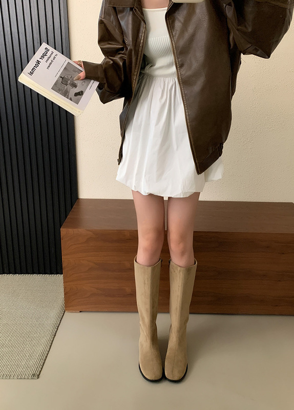 复古卡其色长筒靴女鞋2025秋冬新款不过膝圆头平底绒面高筒长靴女|undefined