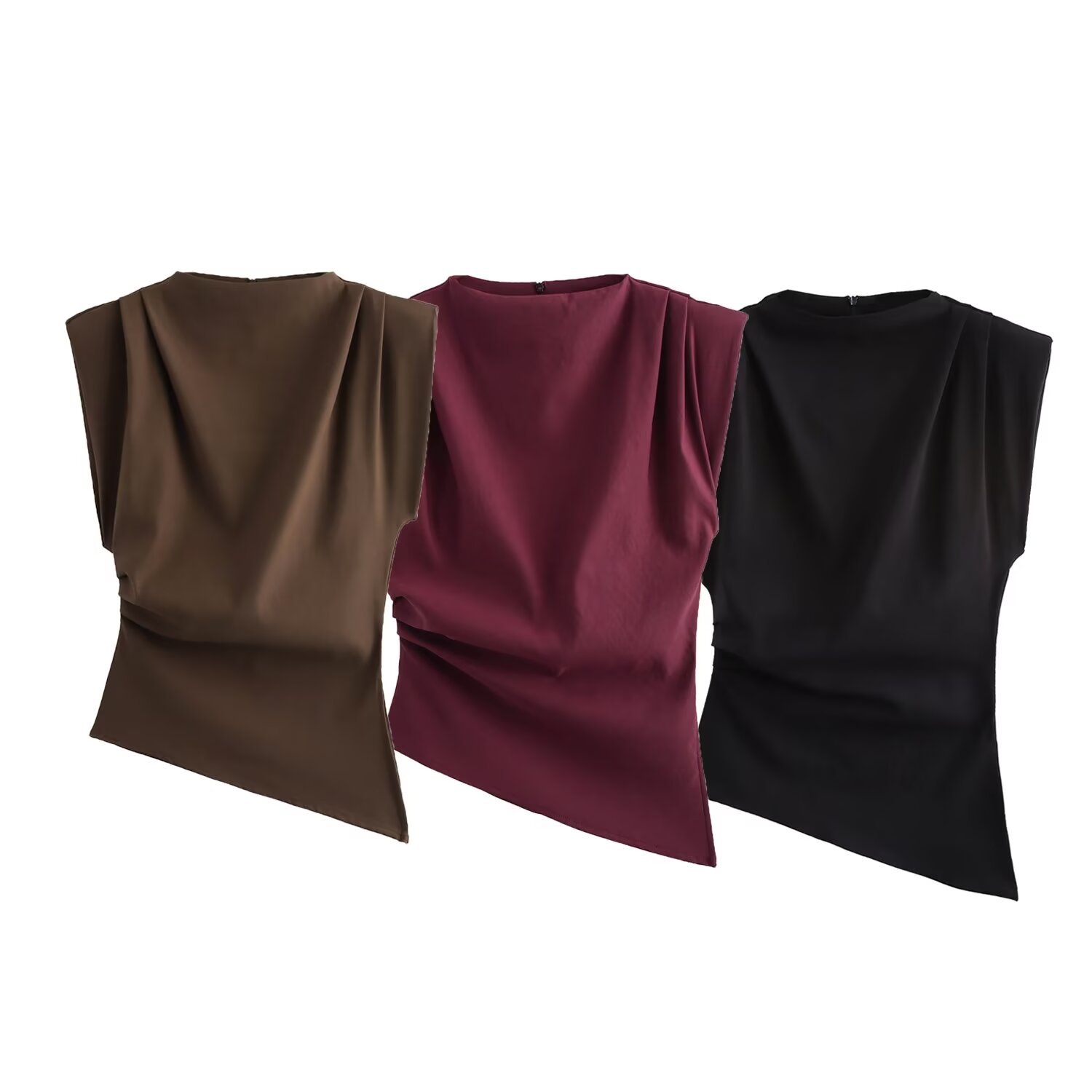 Foreign Trade Wholesale European and American Style Women's Clothing New Fashion Versatile Pleated Decorative Shoulder Pads Sleeveless T-Shirt Tops