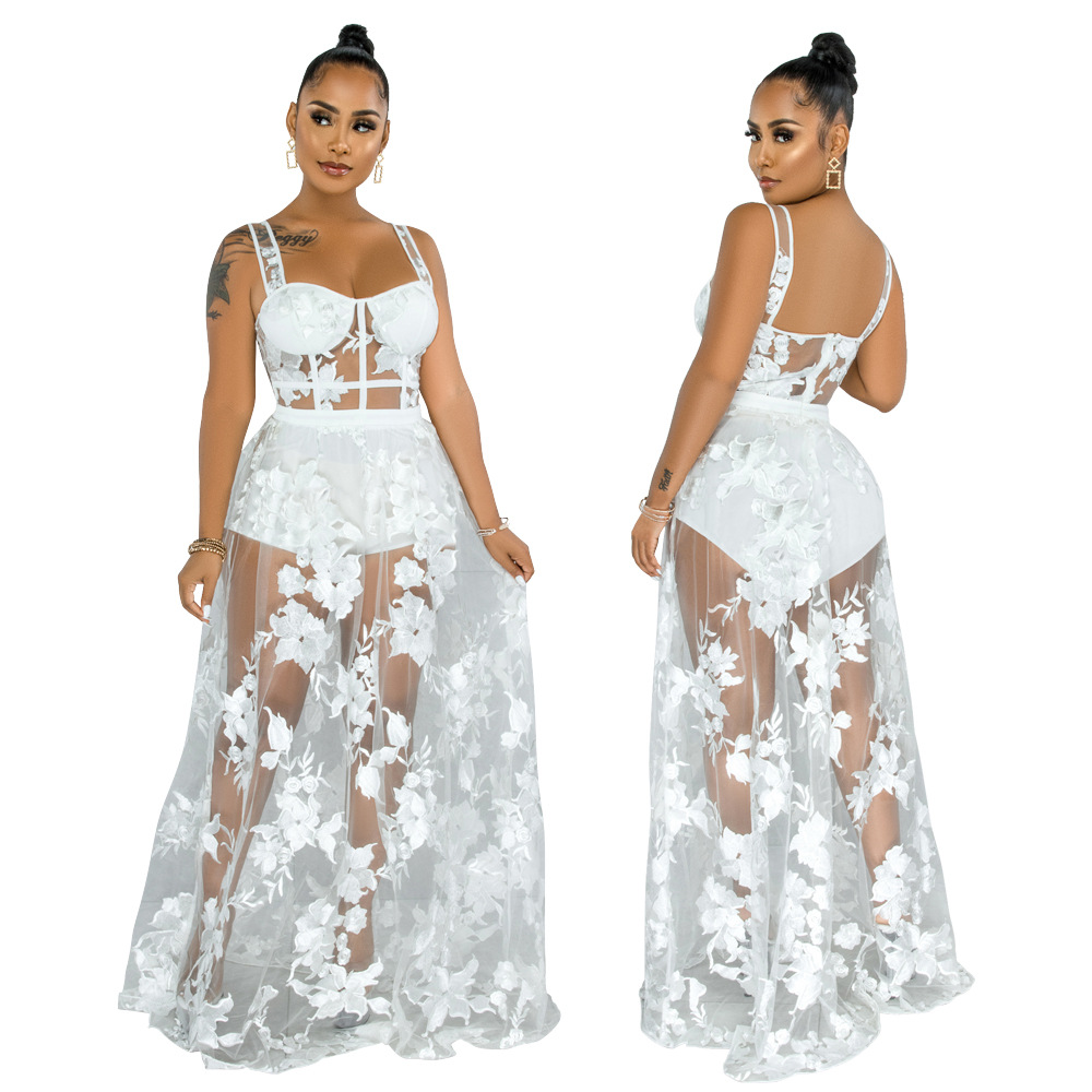 sexy sling with transparent embroidery net skirt fashion two-piece set Nihaostyles wholesale clothing vendor NSCYF73124