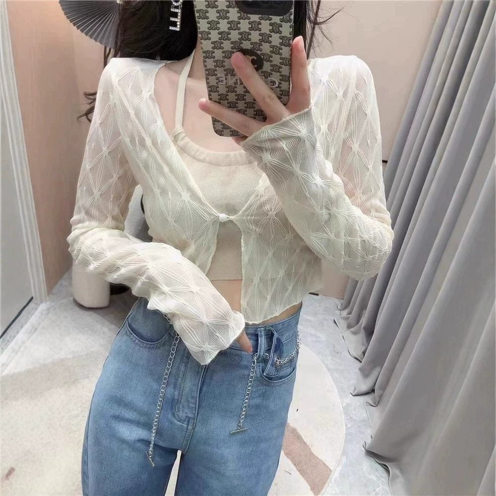 Весной и летом новая горячая девушка сетчатая пряжа солнцезащитный крем с длинными рукавами маленькая куртка с подтяжками кружева