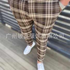 2021外贸亚马逊独立站新款欧美男式休闲西裤格子九分裤现货销售