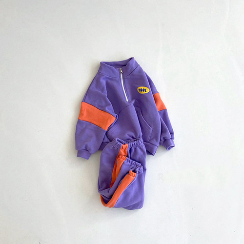Korean style children's clothing autumn clothing for boys and girls sweatshirt set baby sports sweatpants two-piece set retro color matching school uniform
