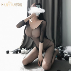 曼煙情趣內衣性感圓領長袖露背網眼透視開檔連身襪情趣絲襪7910